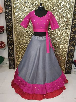 New Arrivals Grey and Pink Colored Banglory Ruffle Lehenga