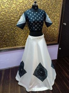 Buy online Black & White In Multi Colored Tapeta Silk Lehenga