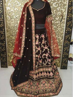 New Arrivals Maroon Colored Beautiful Heavy Embroidered Velvet Bridal Lehenga Choli