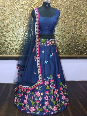 New Nushrat Bharucha in Blue Colored Beautiful Embroidered Banglory Silk Lehenga Choli