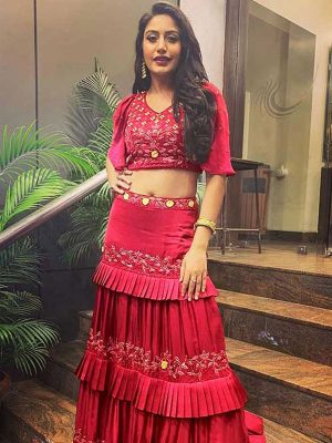 Letest Surbhi Chandna In Maroon Colored Three Layer Lehenga