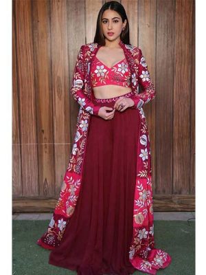 New Sara Ali Khan In Maroon Colored Beautiful Palazzo Top Set With Beautiful Printed Koti.