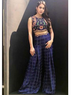 Buy Sara Ali Khan In Blue Colored Beautiful Palazzo With Embroidered Crop Top