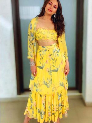 Letest Sonakshi Sinha Yellow Indowestern Georgette Lehenga Choli