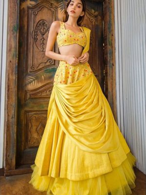 Letest Yellow Banglori Satin Bollywood Lehenga Choli