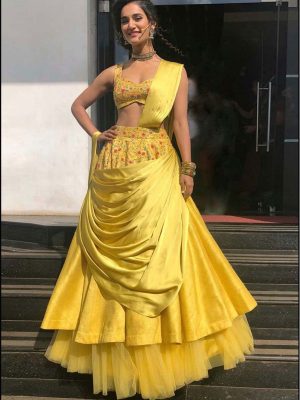 Letest Yellow Banglori Satin Bollywood Lehenga Choli