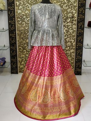 New Pink With Grey Jacket Gotta Silk Lehenga Choli