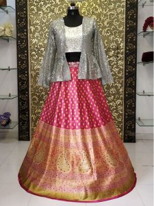 New Pink With Grey Jacket Gotta Silk Lehenga Choli