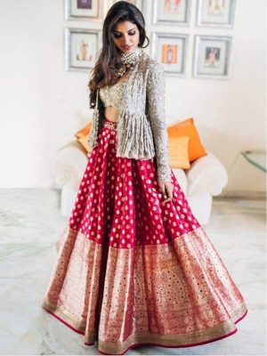 New Pink With Grey Jacket Gotta Silk Lehenga Choli