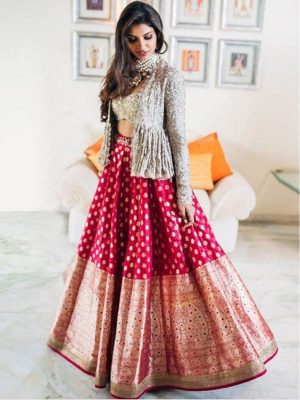 New Pink With Grey Jacket Gotta Silk Lehenga Choli