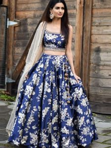 Buy Navy Blue Floral Print Tafeta Silk Lehenga Choli