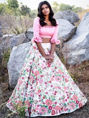 Buy online Pink And White Floral Print Georgette Lehenga Choli