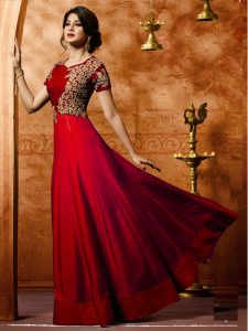 New Arrival Embroidered Silk Red Colour Anarkali Dress
