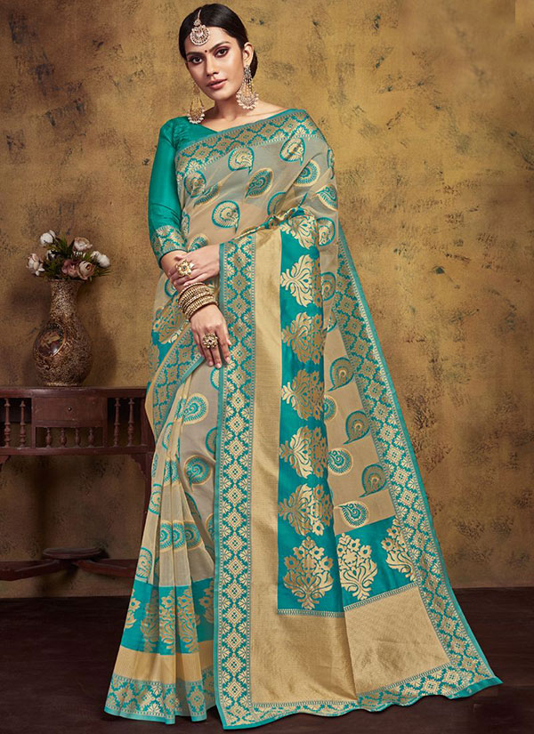 Cream Art Silk Party Wear Saree