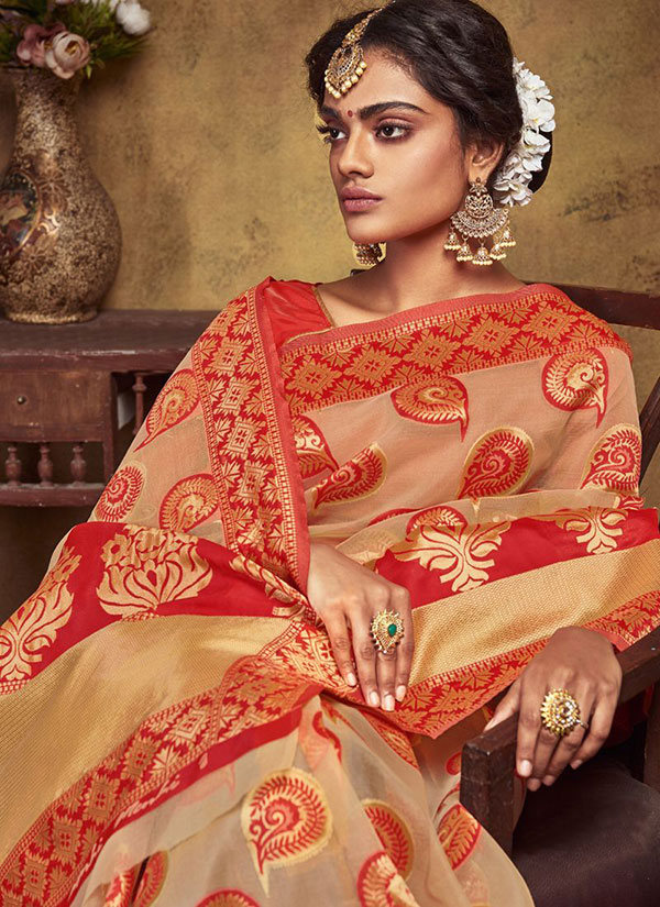 Cream Art Silk Party Wear Saree