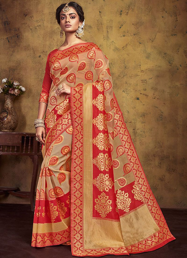 Cream Art Silk Party Wear Saree