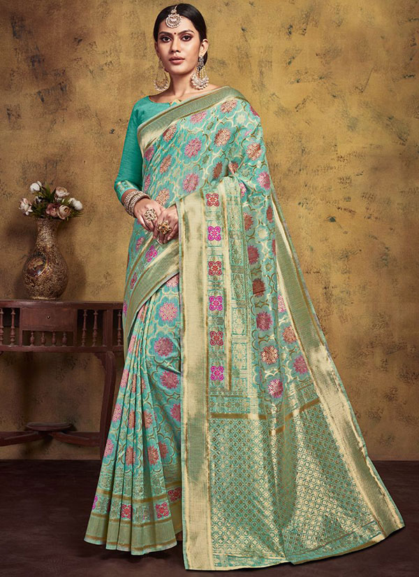 Aqua Blue Art Silk Party Wear Saree