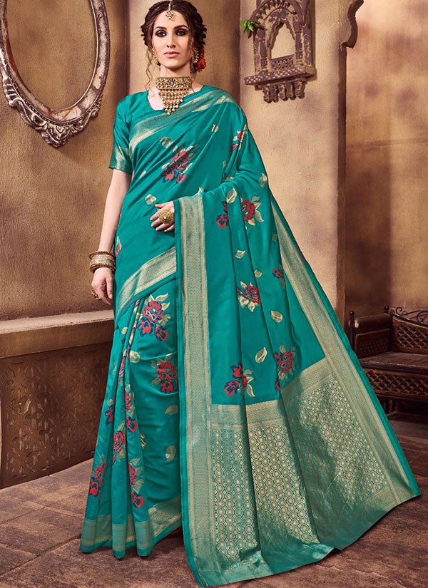 Dark Turquoise Party Wear Designer Saree