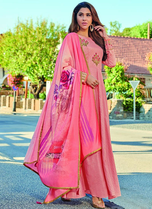 Peach Silk Embroidered Long Kurtis