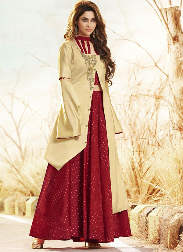Cream Satin Embroidered Pakistani Kurtis
