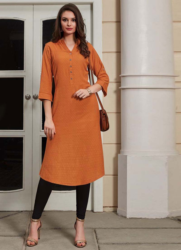 Orange Rayon Woven Silk Kurtis