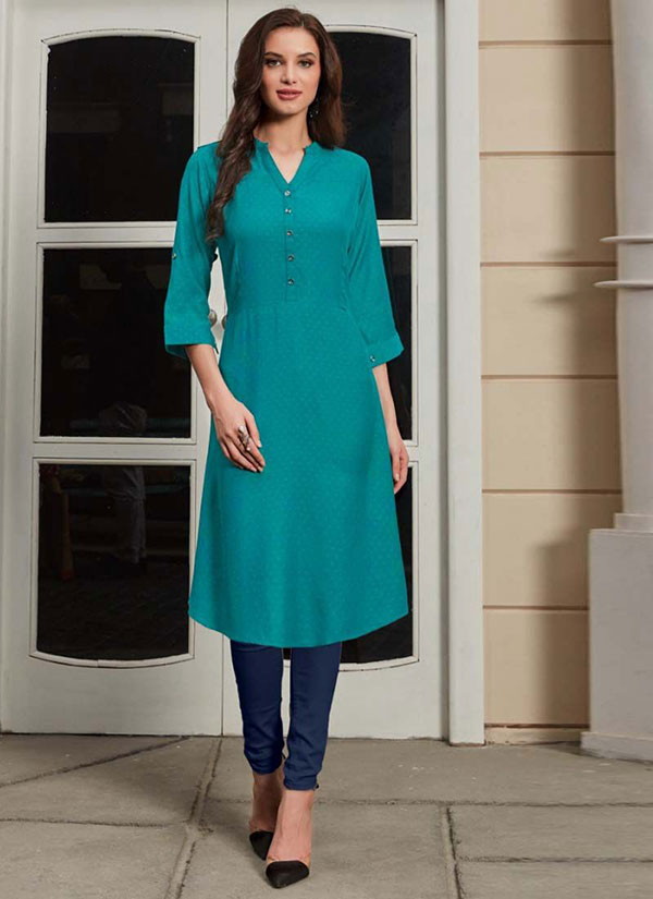 Dark Turquoise Rayon Woven Silk Kurtis