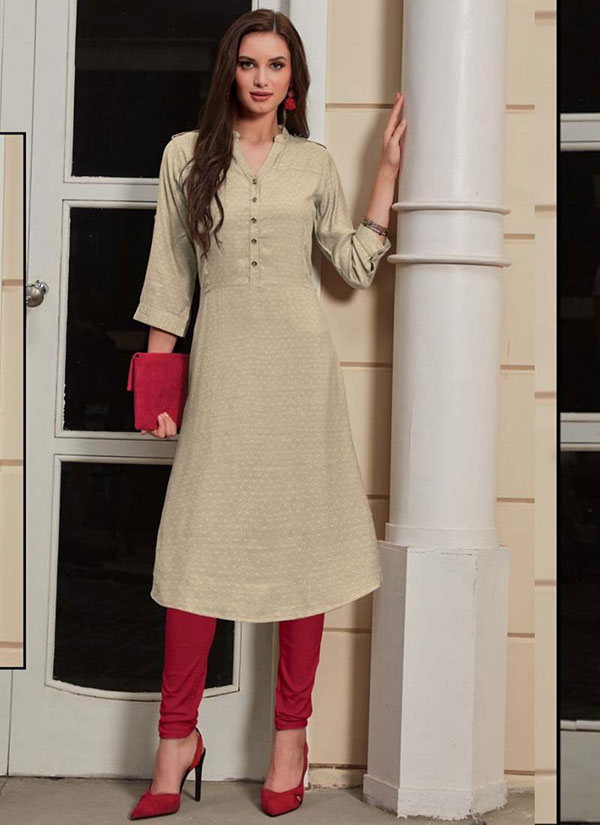 Cream Rayon Woven Silk Kurtis