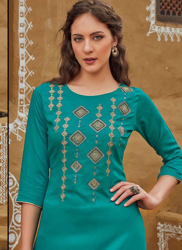 Dark Turquoise Rayon Embroidered Embroidered Kurtis