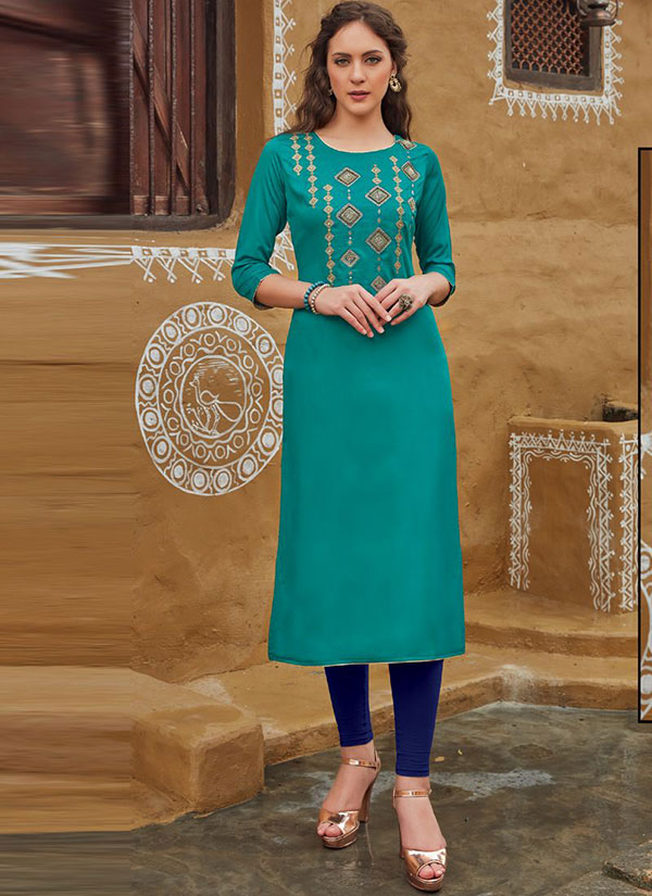 Dark Turquoise Rayon Embroidered Embroidered Kurtis