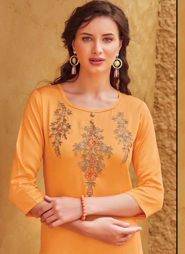 Light Orange Rayon Embroidered Embroidered Kurtis