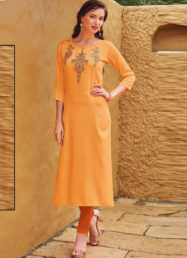 Light Orange Rayon Embroidered Embroidered Kurtis