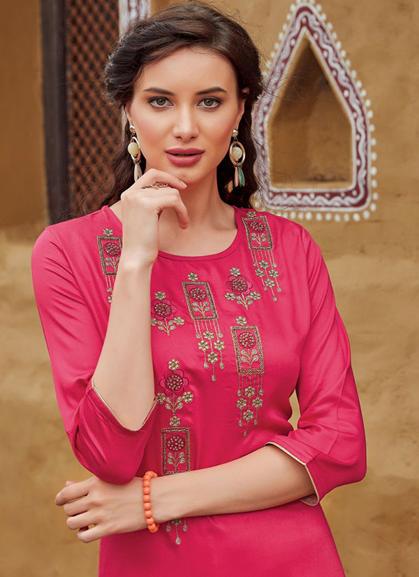 Rani Pink Rayon Embroidered Embroidered Kurtis