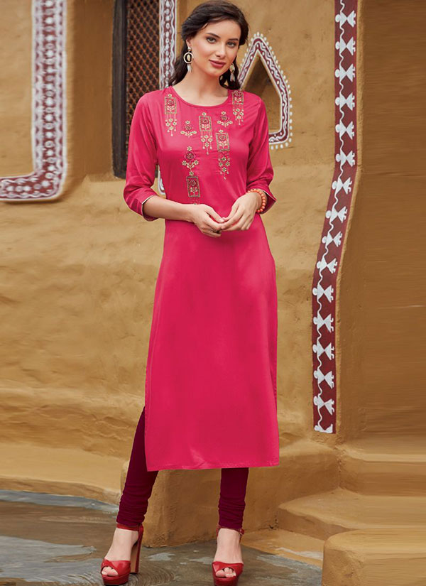 Rani Pink Rayon Embroidered Embroidered Kurtis
