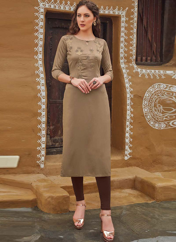 Beige Rayon Embroidered Embroidered Kurtis