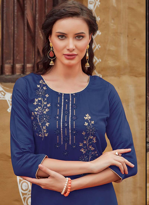 Blue Rayon Embroidered Embroidered Kurtis