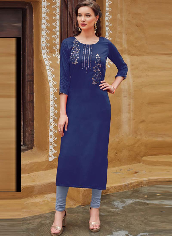 Blue Rayon Embroidered Embroidered Kurtis