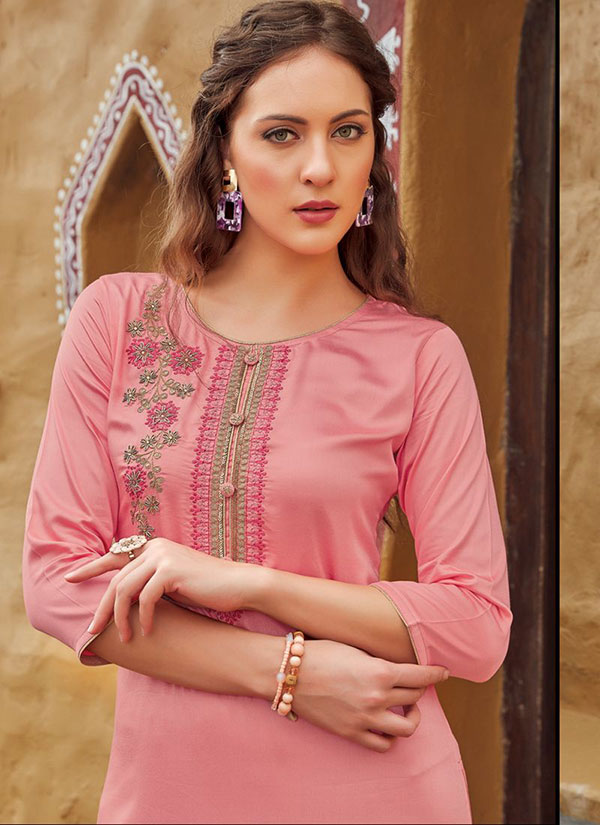 Baby Pink Rayon Embroidered Embroidered Kurtis