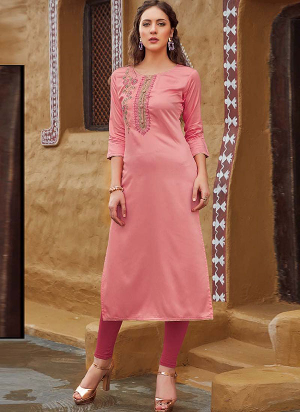 Baby Pink Rayon Embroidered Embroidered Kurtis
