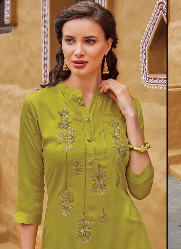 Olive Rayon Embroidered Embroidered Kurtis