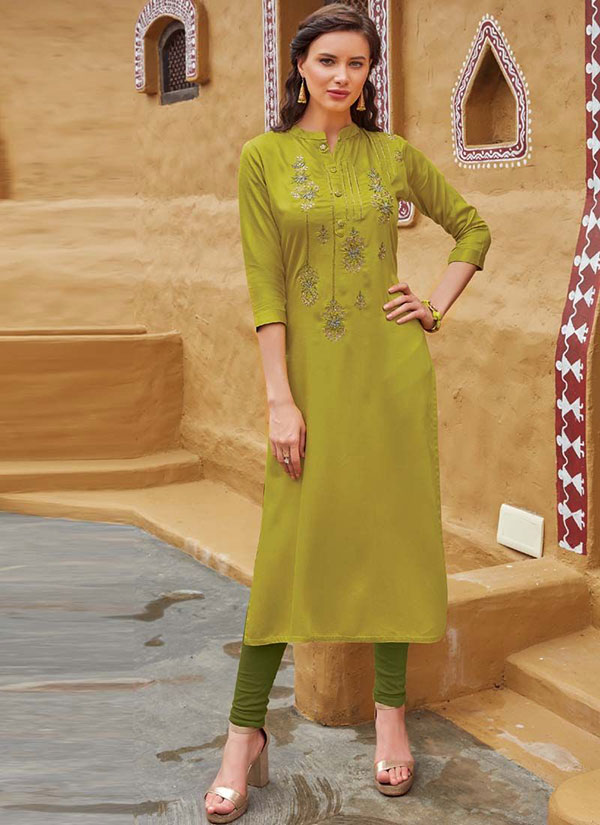 Olive Rayon Embroidered Embroidered Kurtis
