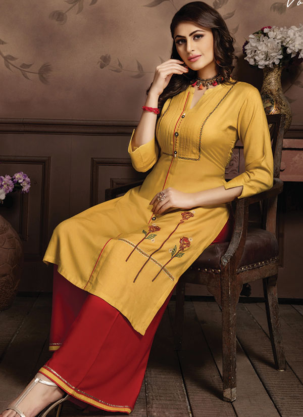 Yellow Rayon Embroidered Kurtas And Kurtis