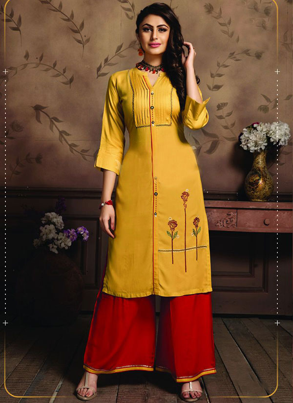Yellow Rayon Embroidered Kurtas And Kurtis