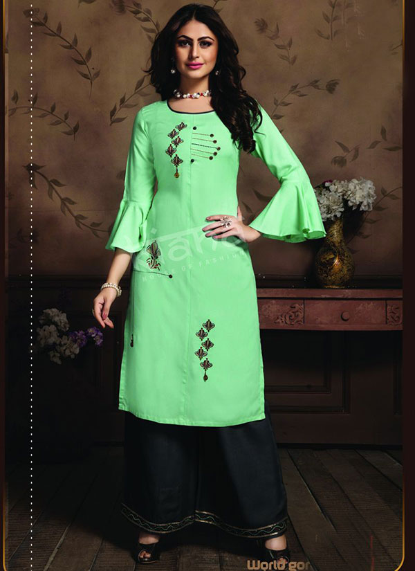 Turquoise Rayon Embroidered Kurtas And Kurtis