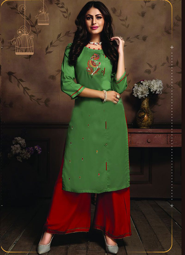 Olive Rayon Embroidered Kurtas And Kurtis