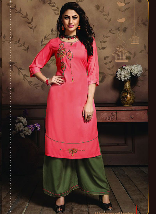 Dark Peach Rayon Embroidered Kurtas And Kurtis