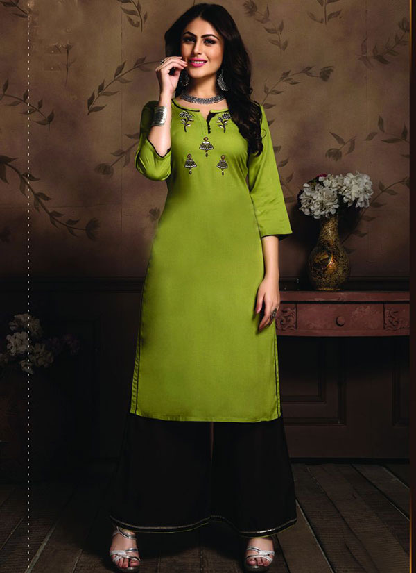 Olive Rayon Embroidered Kurtas And Kurtis