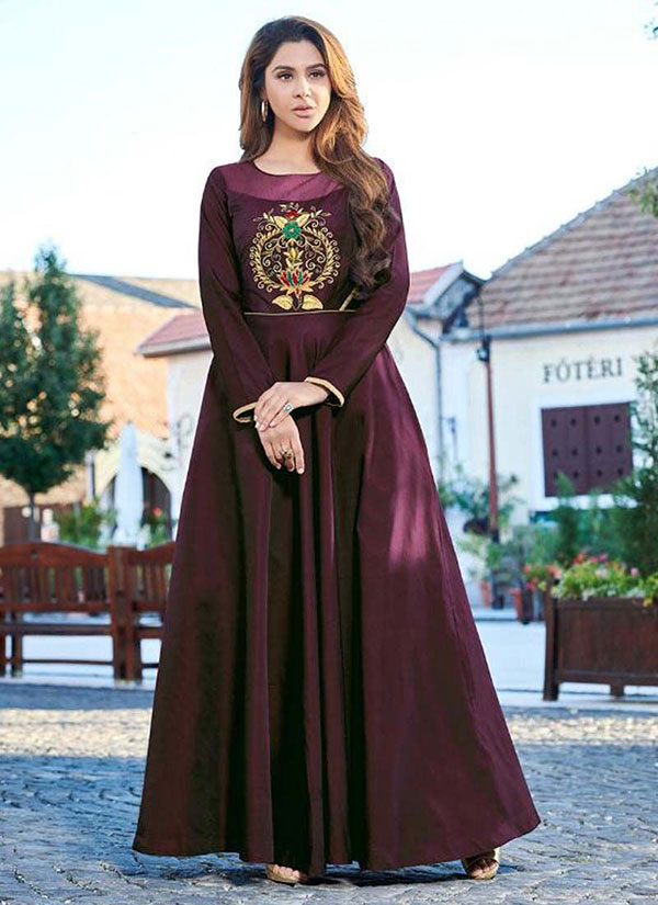 Wine Silk Embroidered Pakistani Kurtis