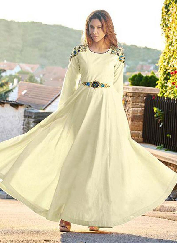 Off White Silk Embroidered Pakistani Kurtis