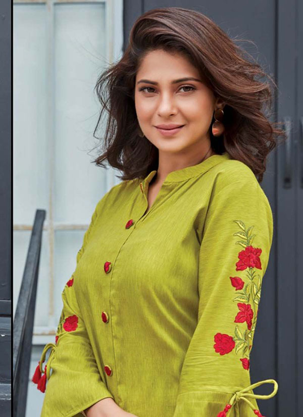 Lime Rayon Embroidered Long Kurtis