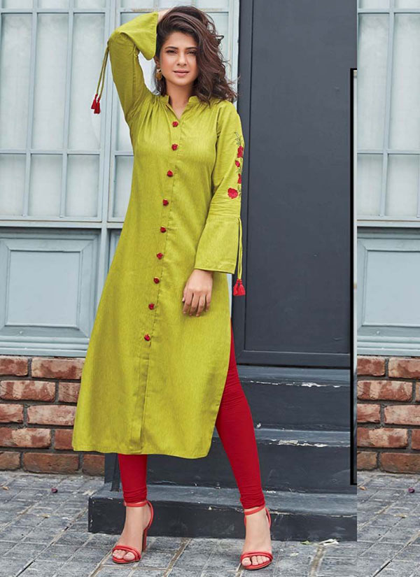 Lime Rayon Embroidered Long Kurtis